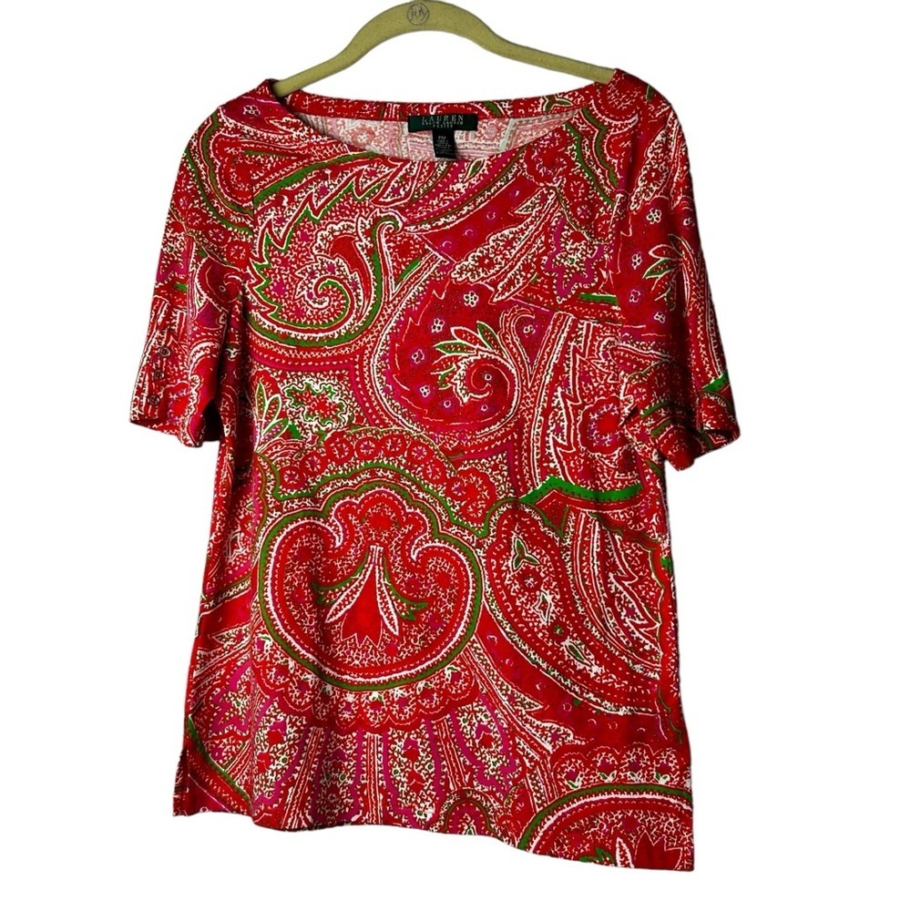 LAUREN RALPH LAUREN Paisley Print Cotton Blend Top Petite Short Sleeve Size PM